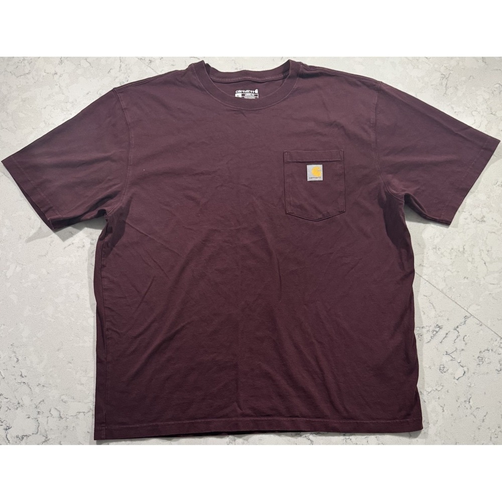 Carhartt K87 T-Shirt Mens XL Port Burgundy Loose Fit Heavyweight Pocket Logo Tee